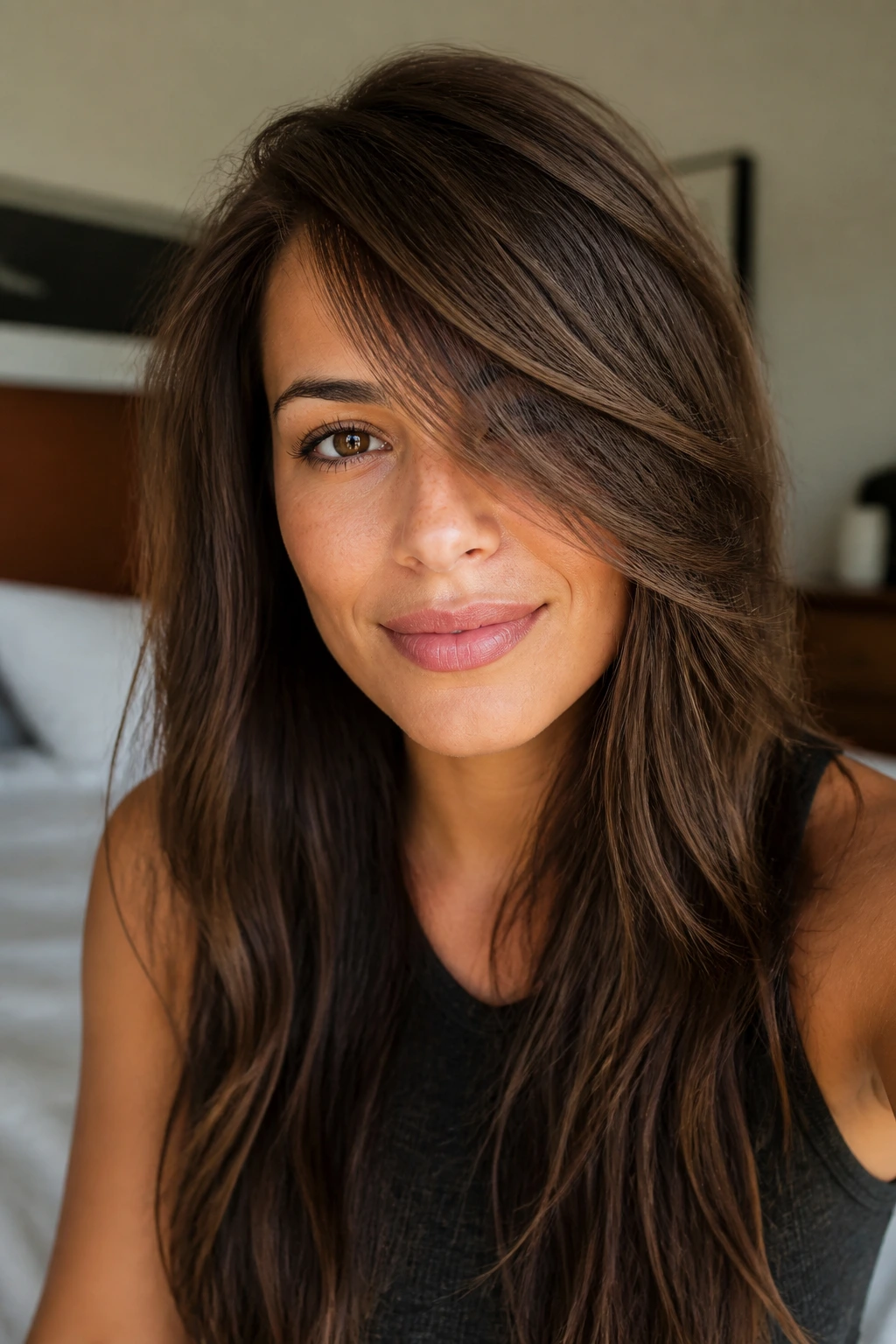 Close-up woman with side-swept fringe and long layered hair in natural light