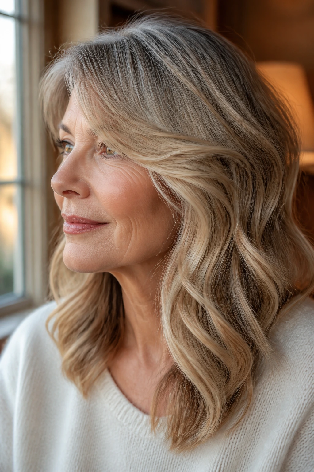 Profile close-up of a real woman with a side-swept fringe joining long waves