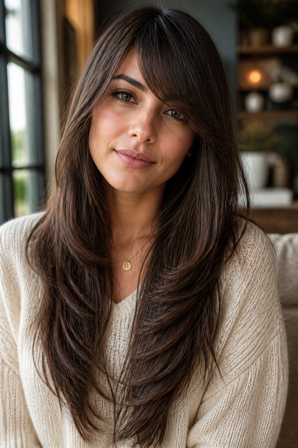 Close-up portrait of a real woman with a long V-cut hairstyle and a diagonal side-swept fringe.