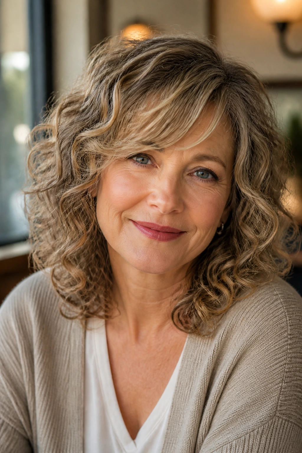 Real woman with side-swept fringe and loose ringlets.