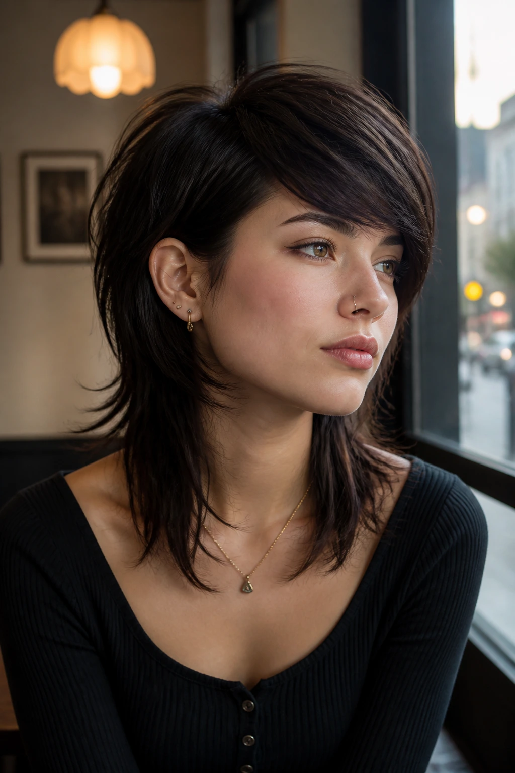 Portrait of a real woman with Side-Swept Fringe Mullet