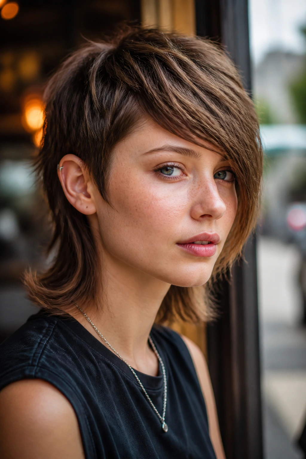 Close-up portrait of a real person with a side-swept fringe mullet