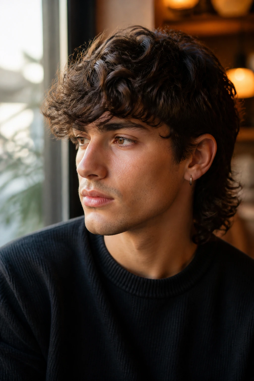 Real person with side-swept fringe mullet in cafe window light