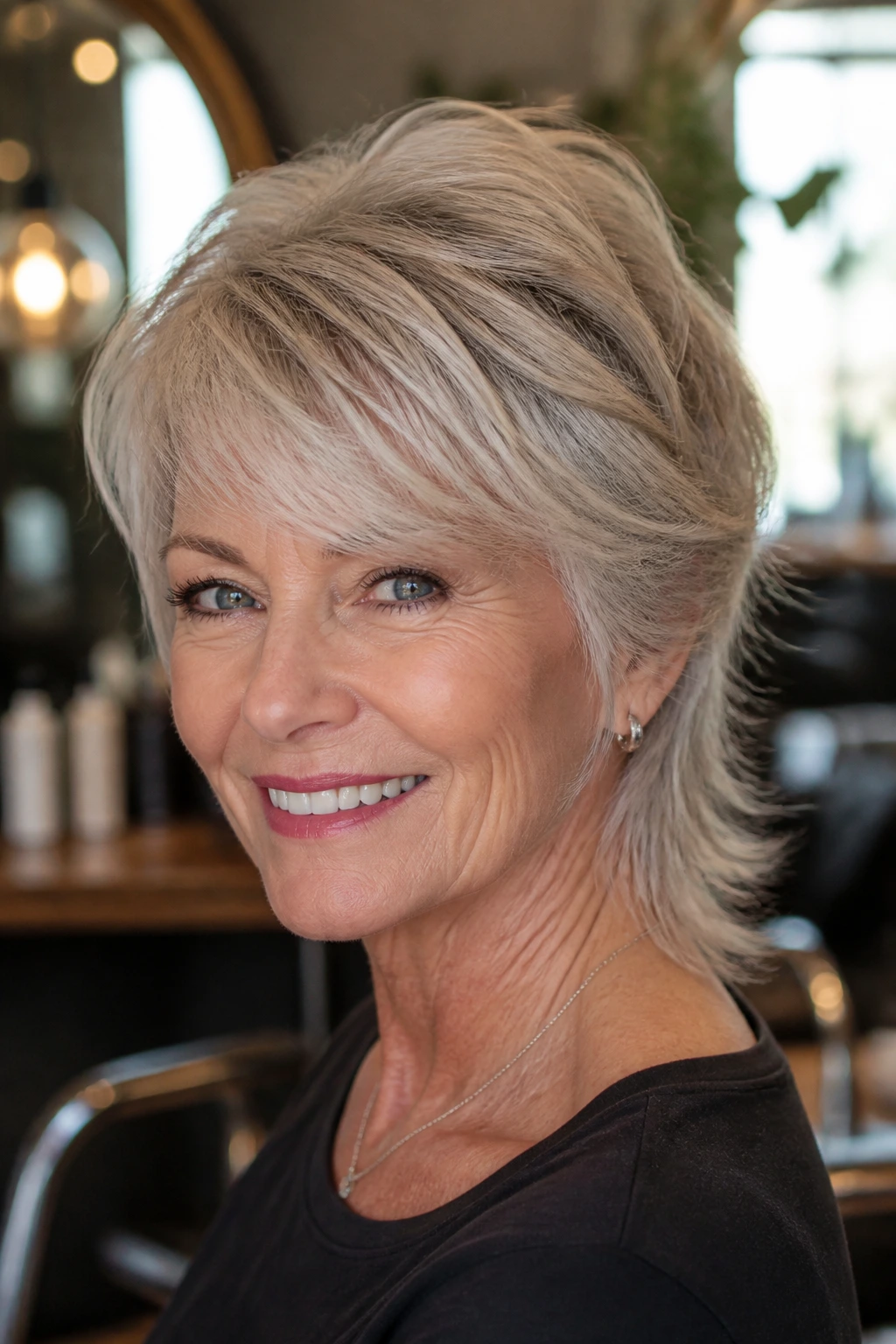 Real woman with side-swept fringe mullet and soft volume in natural light