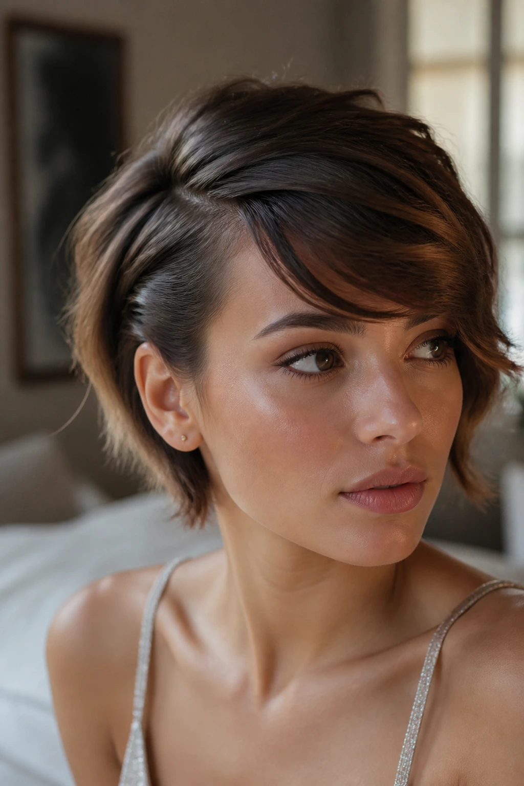 Portrait of a woman with a side-swept fringe pinned behind the temple using hidden pins
