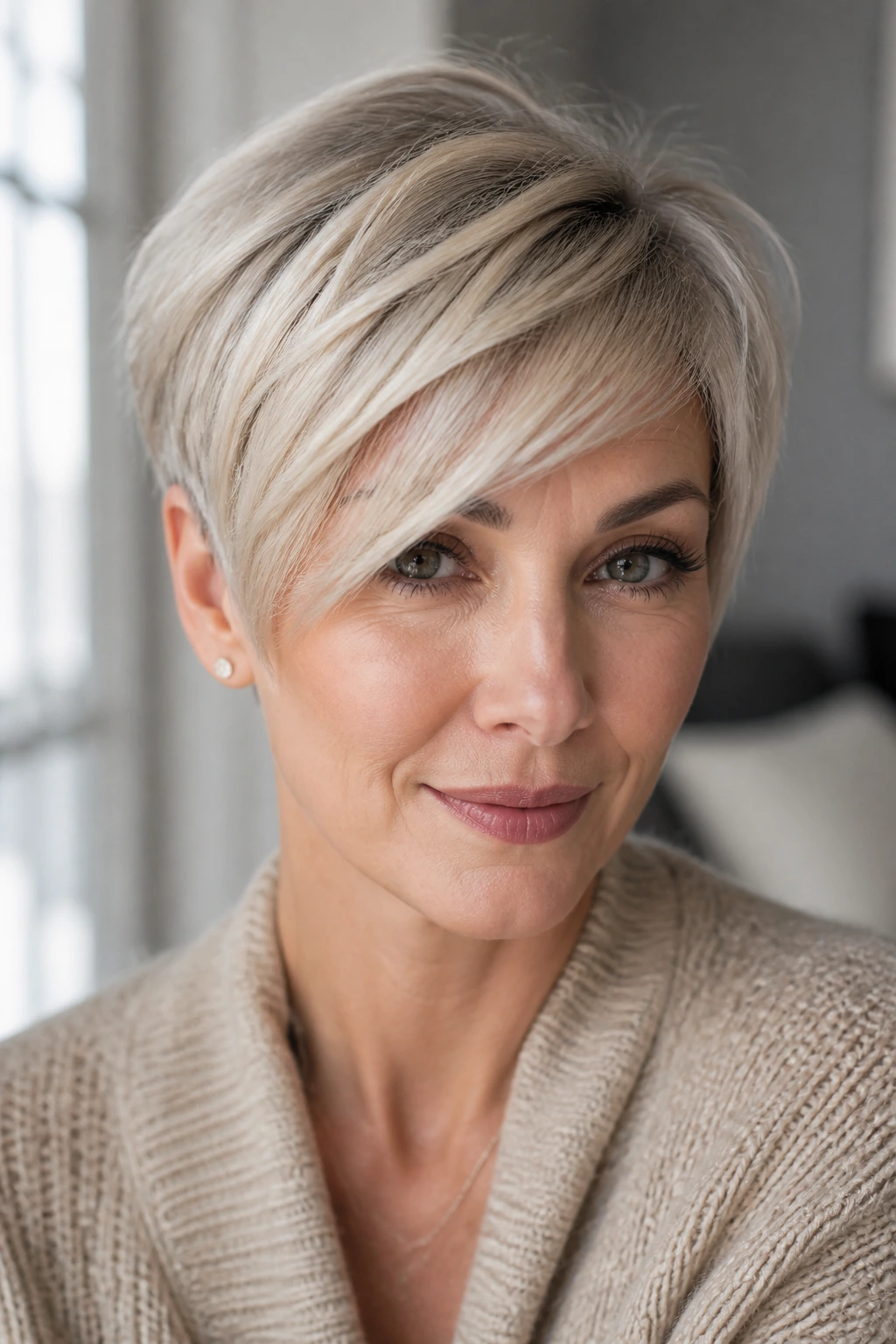 Portrait of a real person with a side-swept fringe pixie