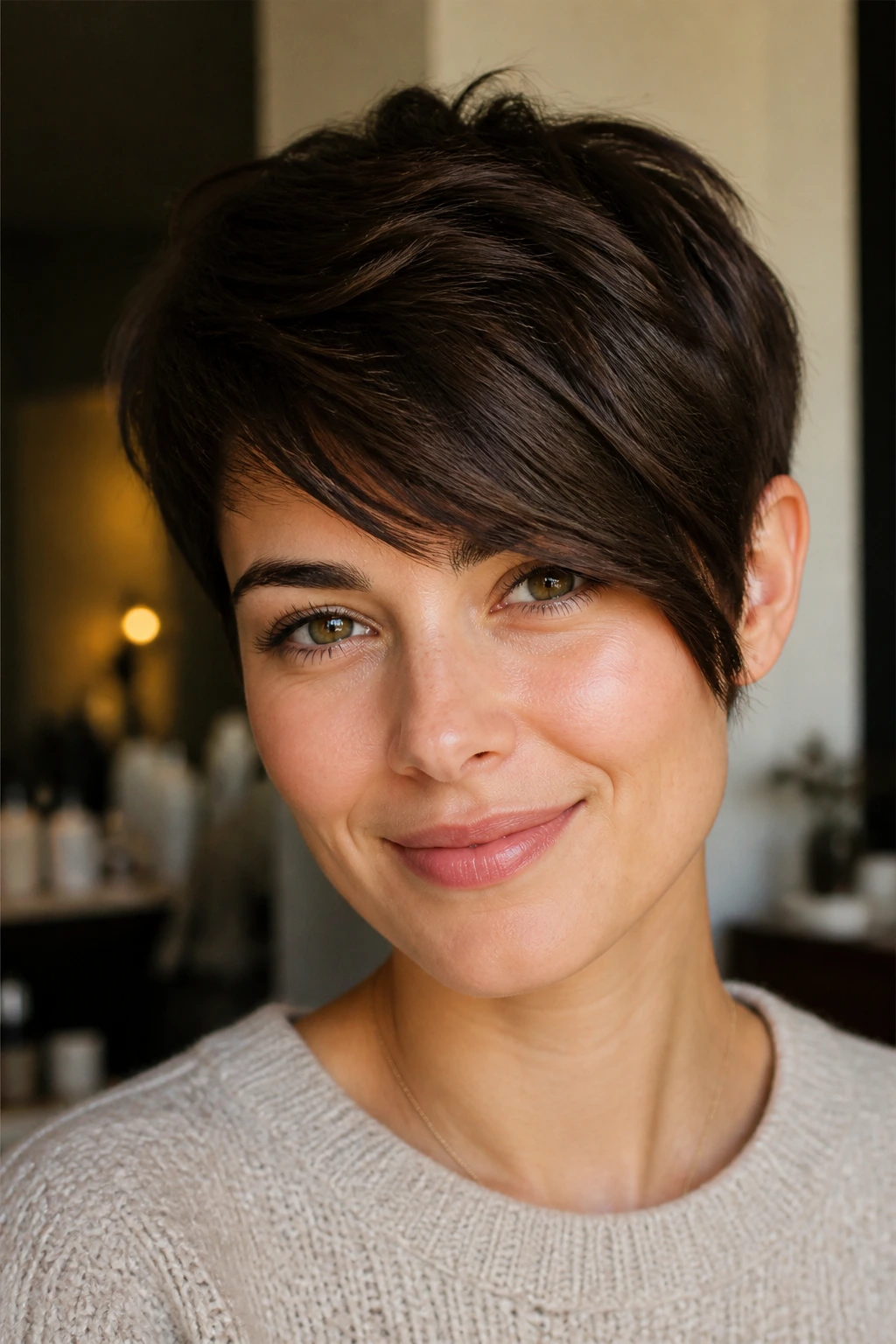 Real person with side-swept fringe pixie softening strong angles