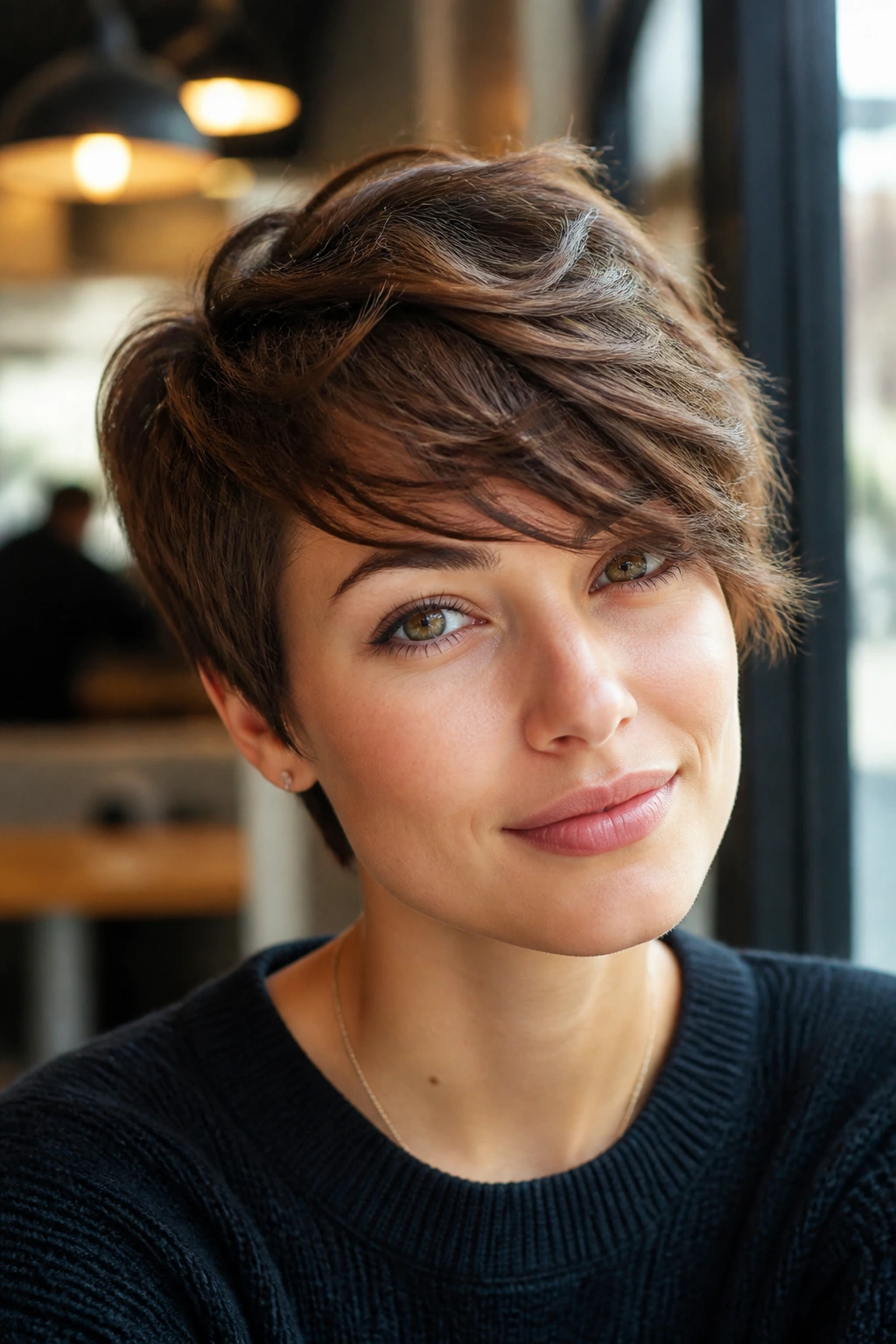 Portrait of a person with side-swept fringe pixie across the brow and soft waves