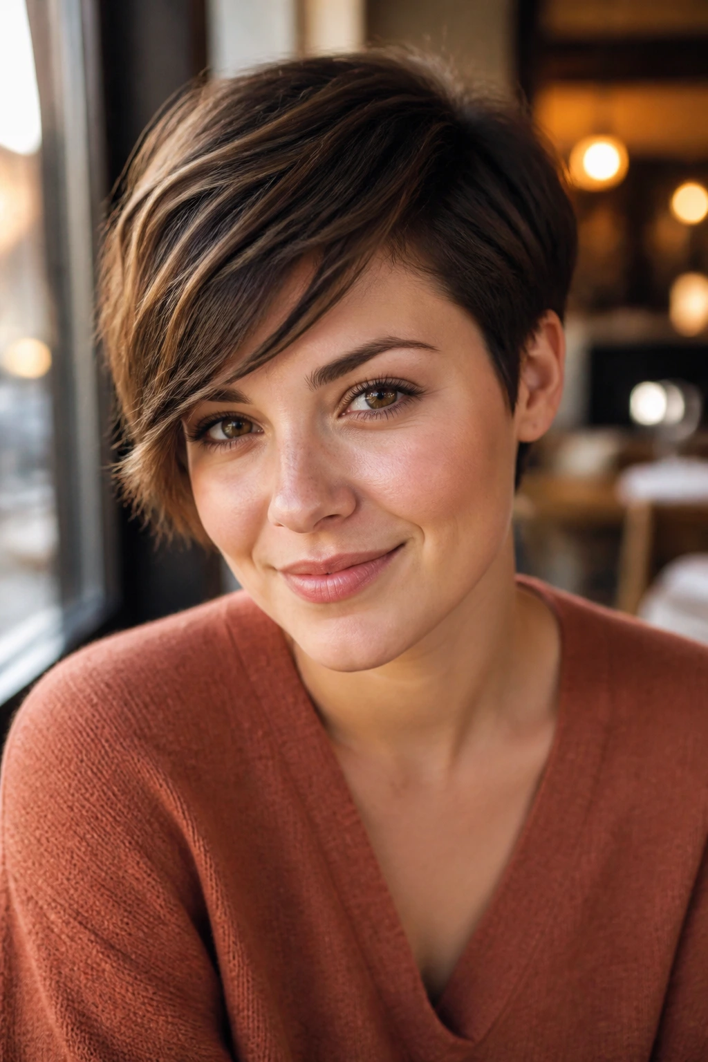 Close-up portrait of real person with side-swept fringe pixie