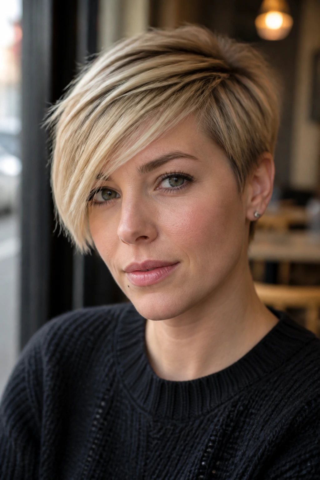 Portrait of a woman with a side swept fringe pixie