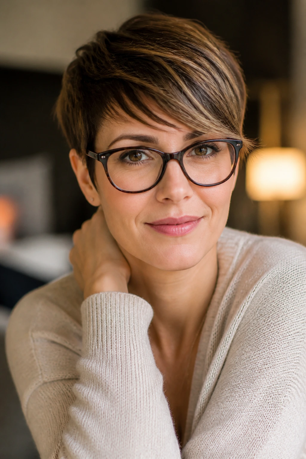 Portrait of a woman with a side-swept fringe pixie in warm indoor light.