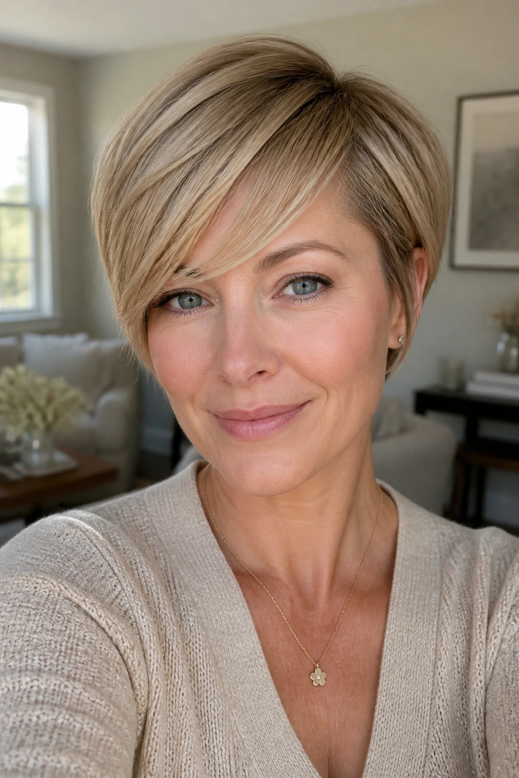 Close-up portrait of a woman with side-swept fringe pixie bob