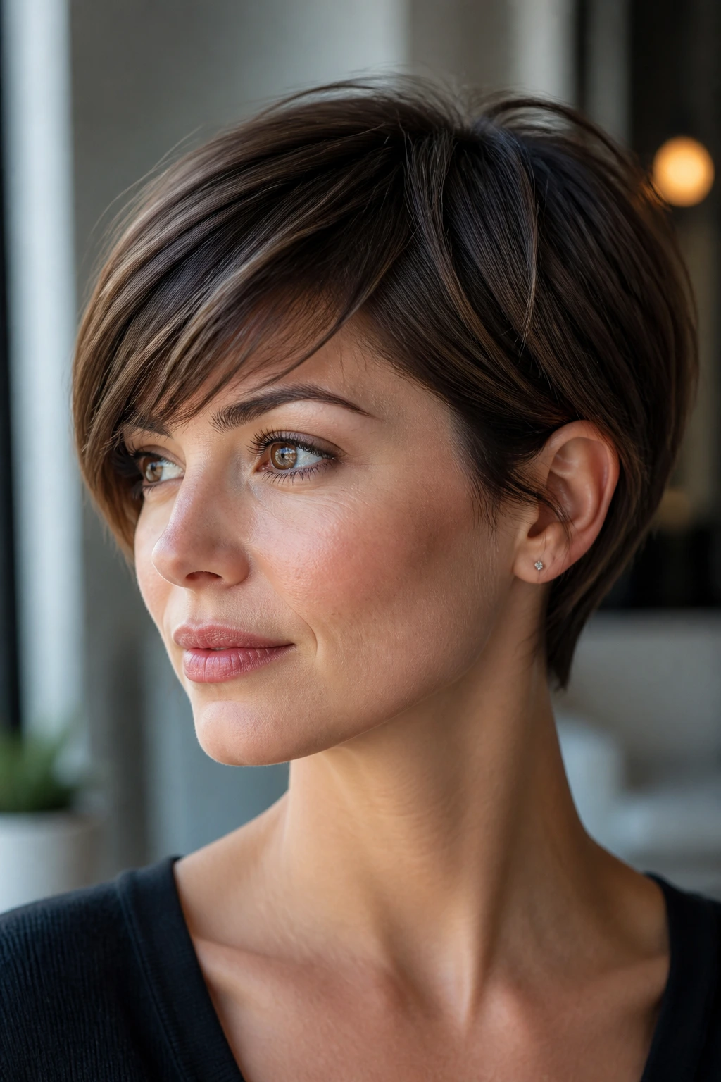 Real person with side-swept fringe pixie bob opens the face softly