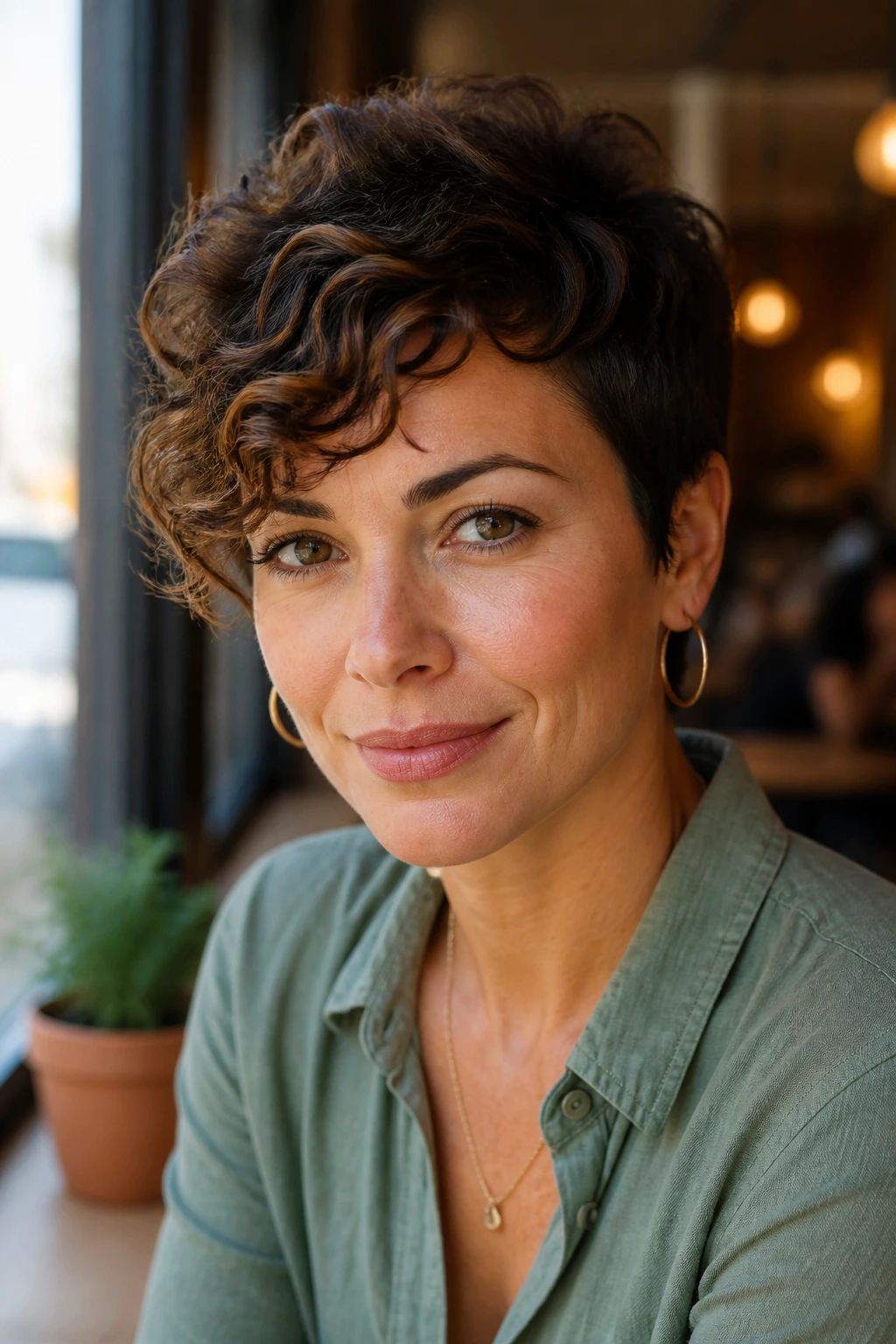 Close-up portrait of a woman with a side-swept fringe pixie in a cafe setting