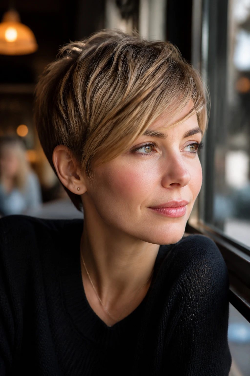Close-up of a real woman wearing a side-swept fringe pixie showing diagonal fringe and movement