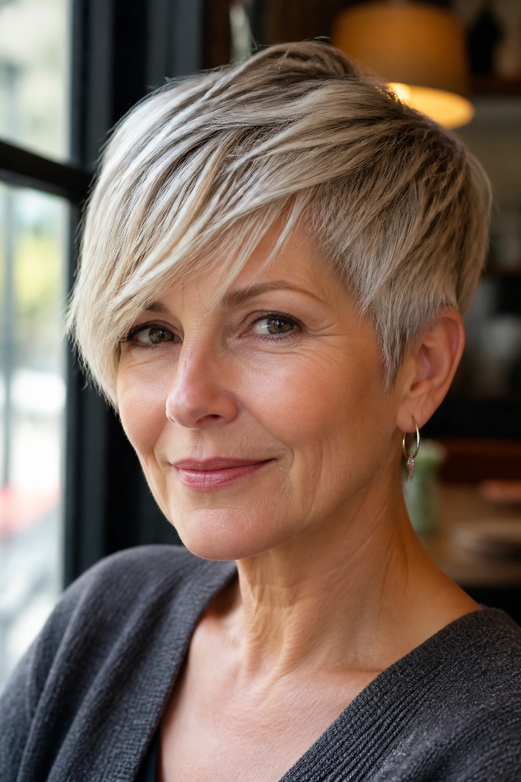 Portrait of a woman with side-swept fringe pixie at a cafe window