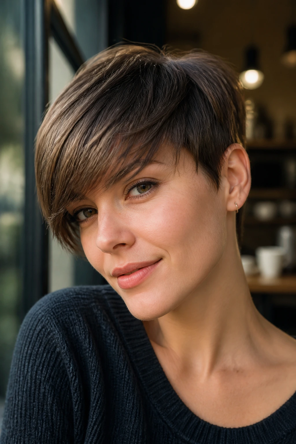 Real woman with side-swept fringe pixie across forehead