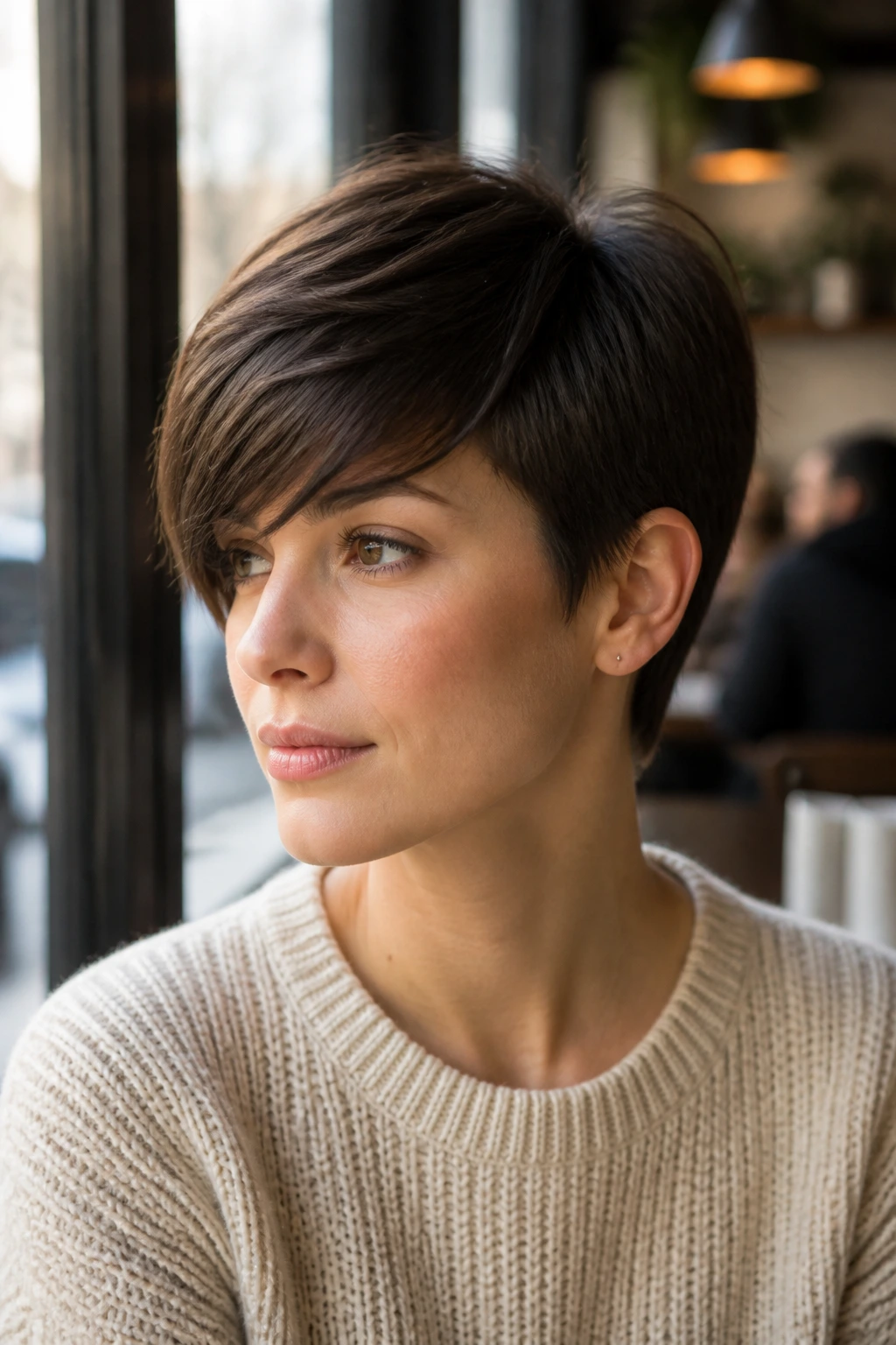 Portrait of a woman with side-swept fringe pixie in natural daylight
