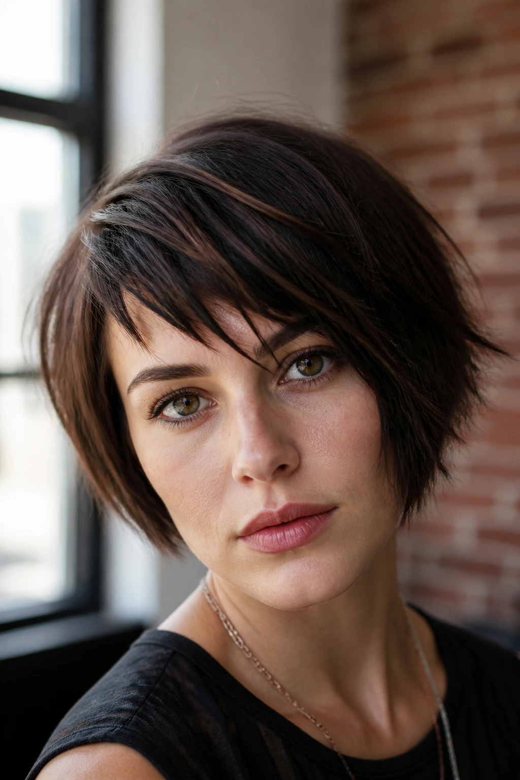 Close-up of woman with side-swept shattered bangs by window