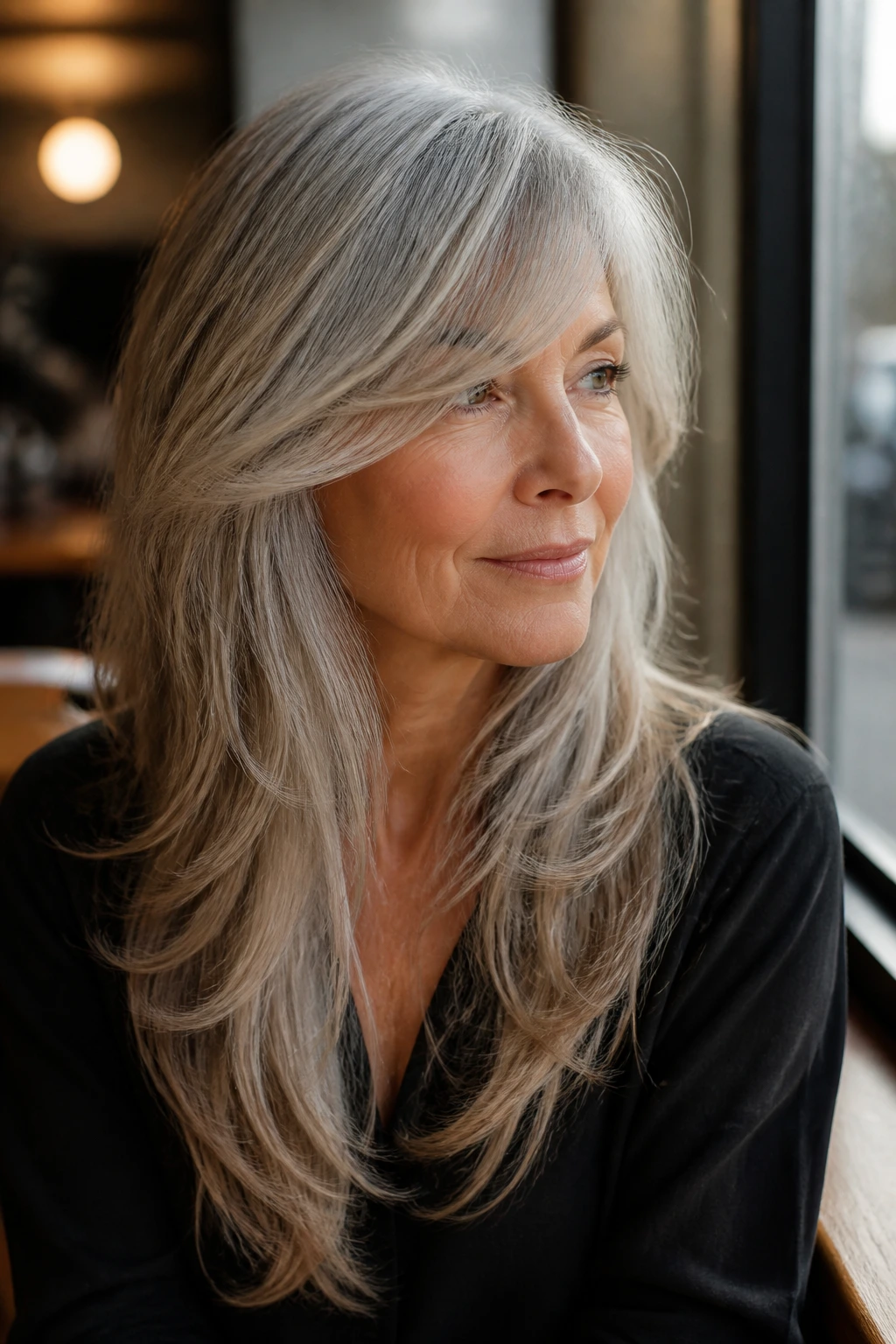 Close-up of a woman with side-swept fringe and long cascading layers in daylight.