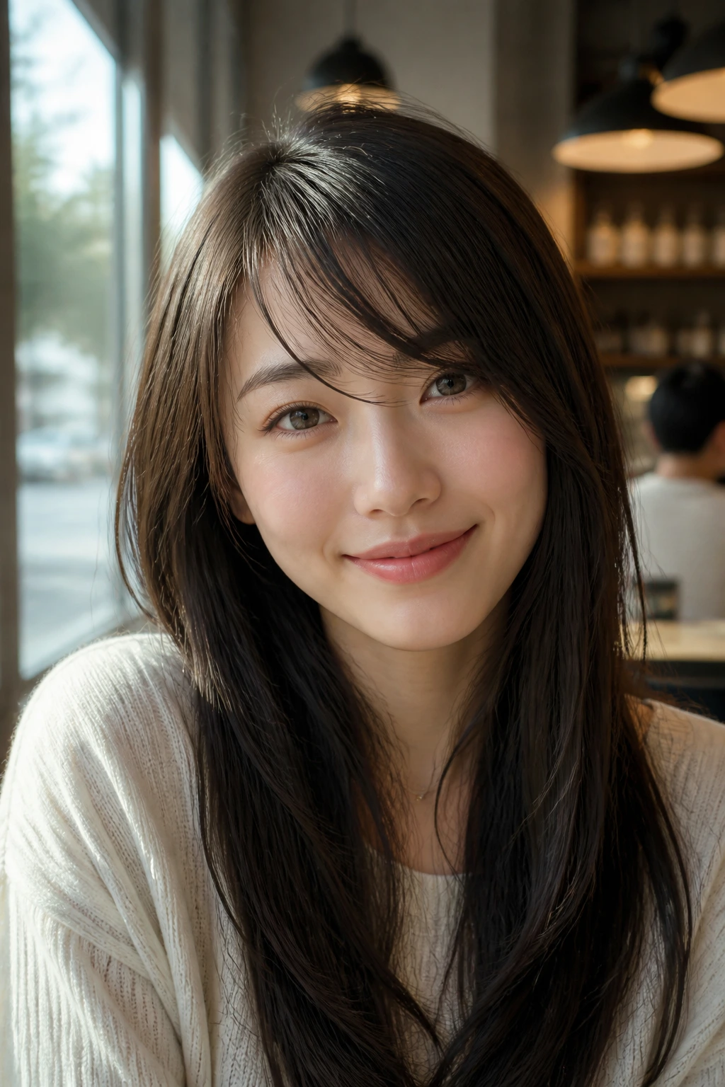 Portrait of woman with side-swept airy fringe along a diagonal line.