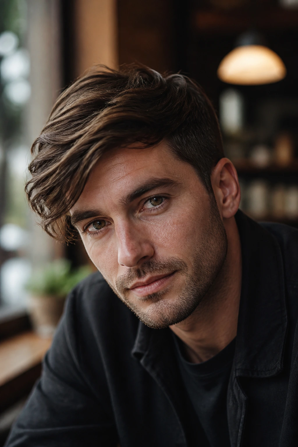 Close-up portrait of a man with side-swept fringe across the forehead in a cafe
