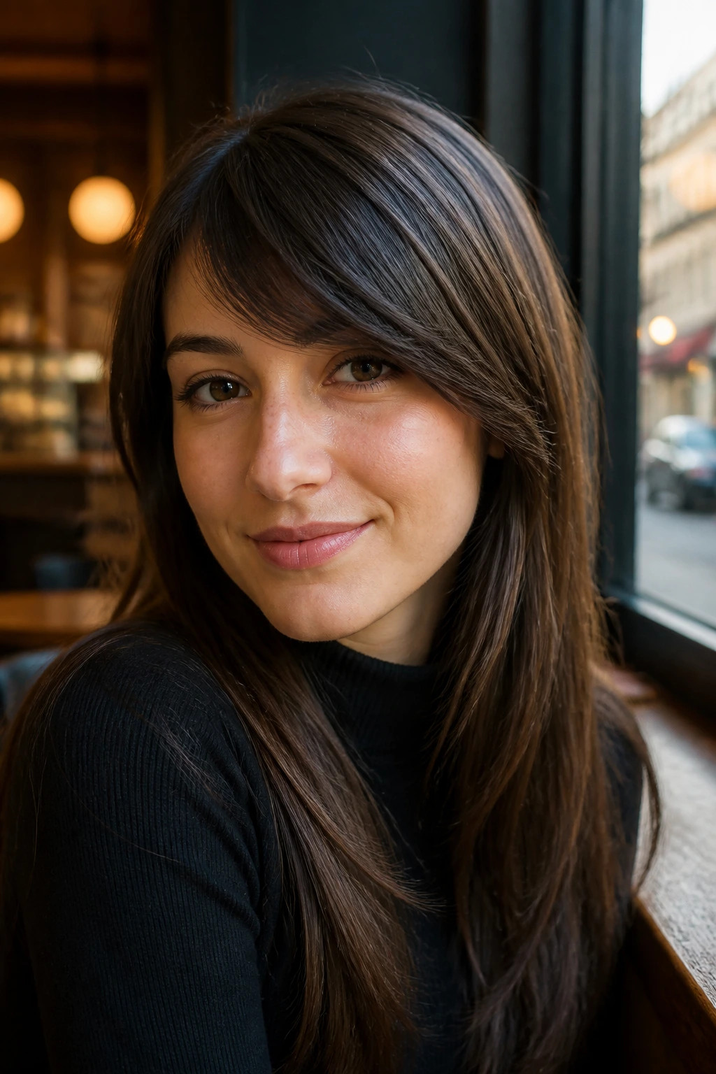 Portrait of a real person with a side-swept fringe in a cafe setting