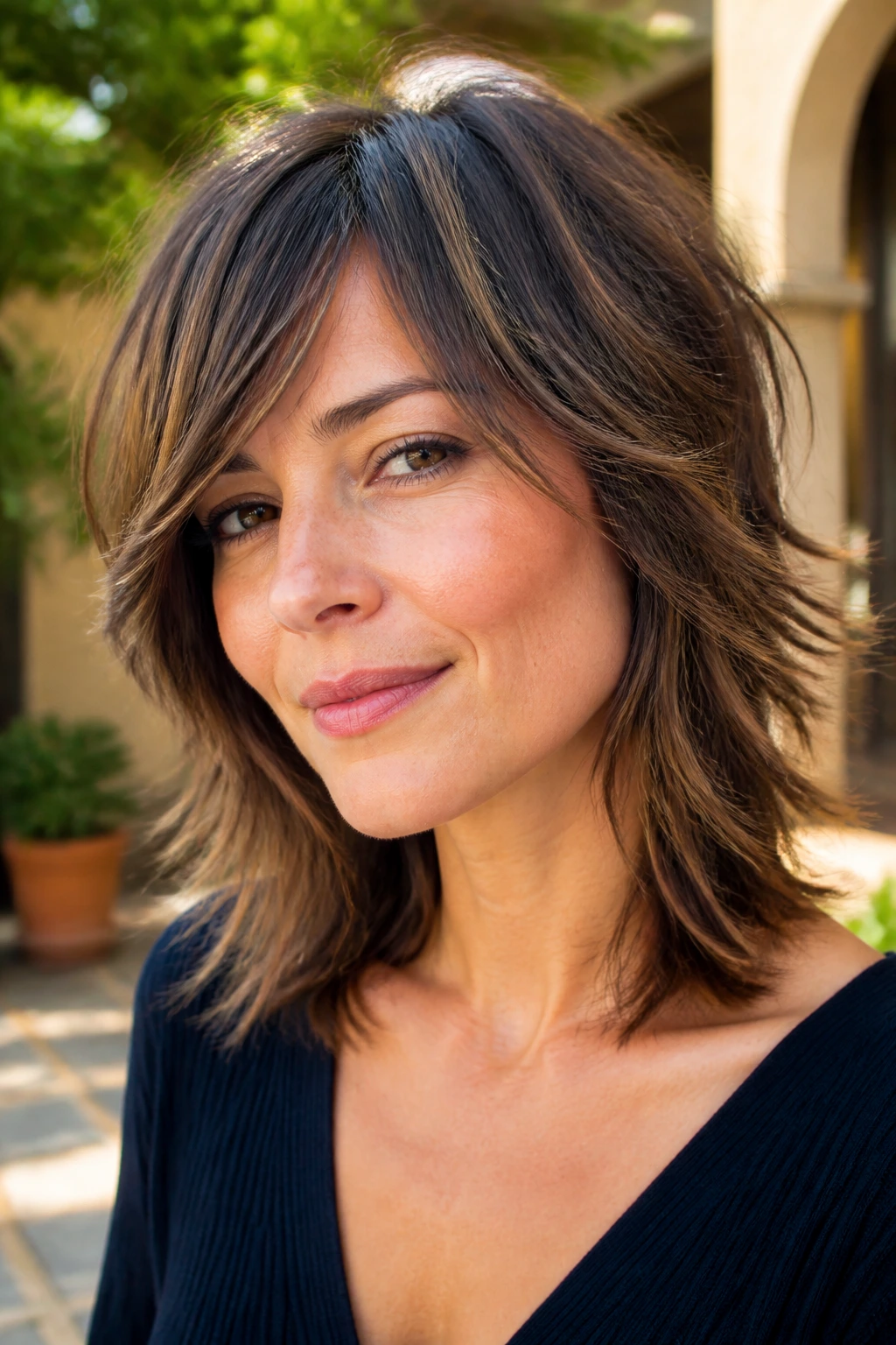 Close-up of side-swept fringe shag on a real person