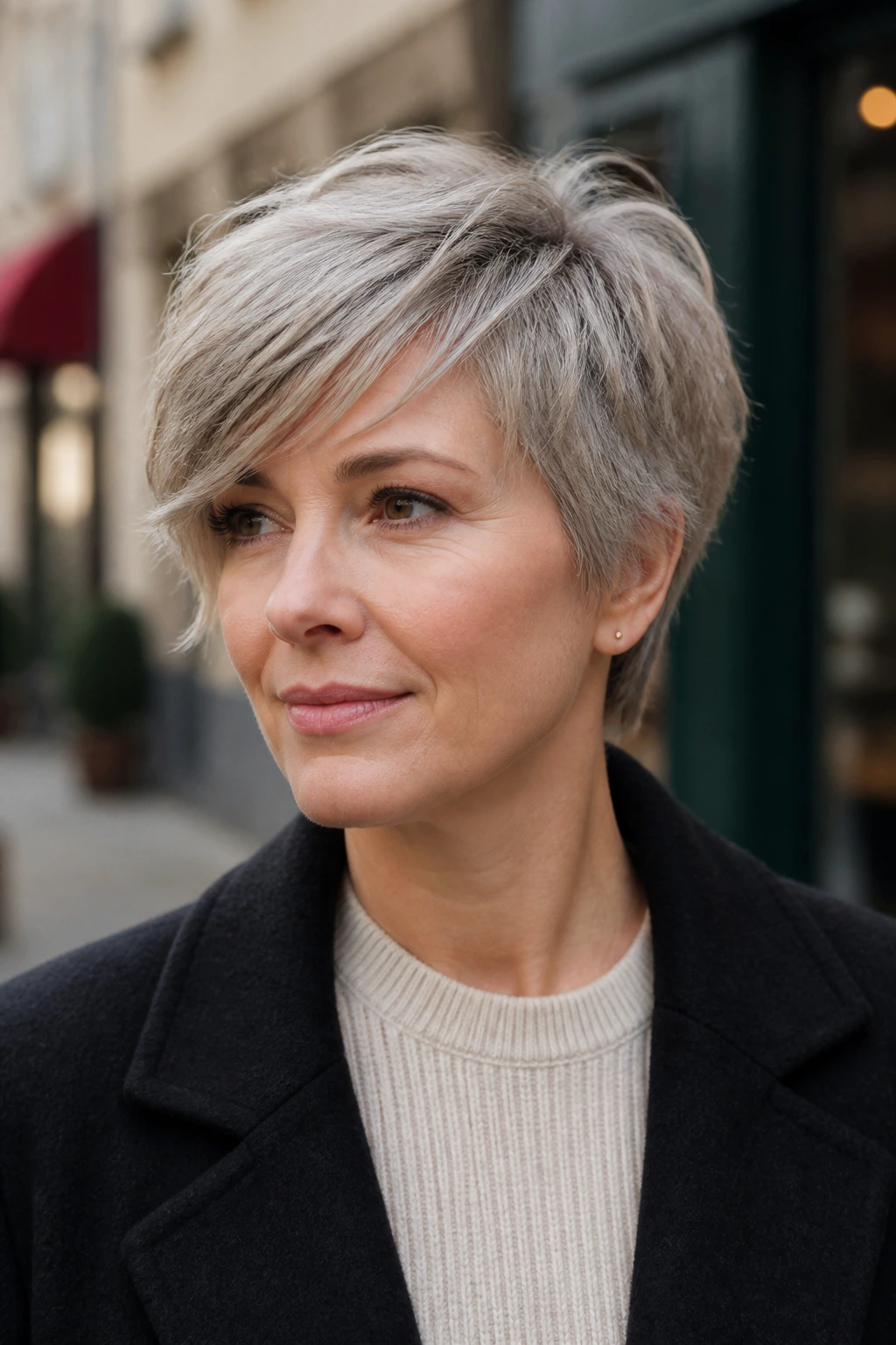 Portrait of a real person with a side-swept fringe shag crop.