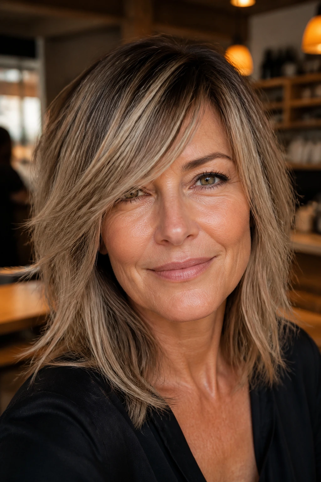 Portrait of a real woman with side-swept fringe shag in a cafe