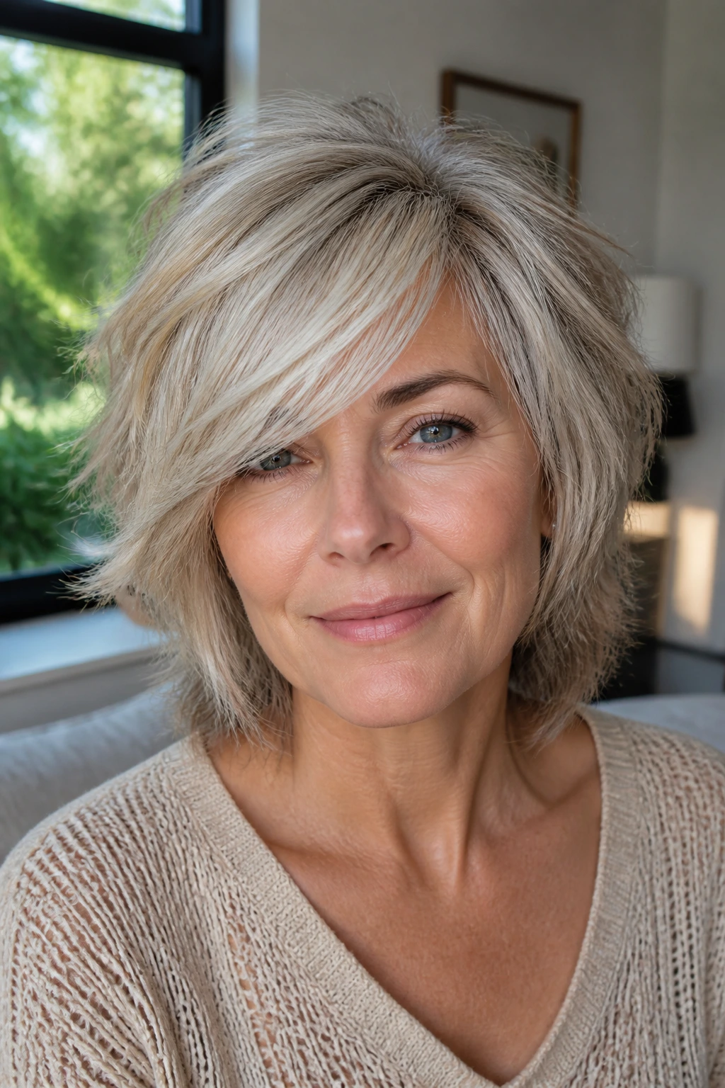 Real woman with side-swept fringe shag in natural daylight