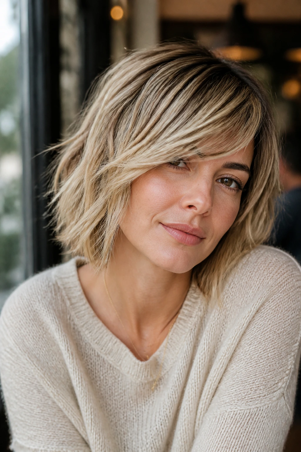 Side-swept fringe shag bob on real woman