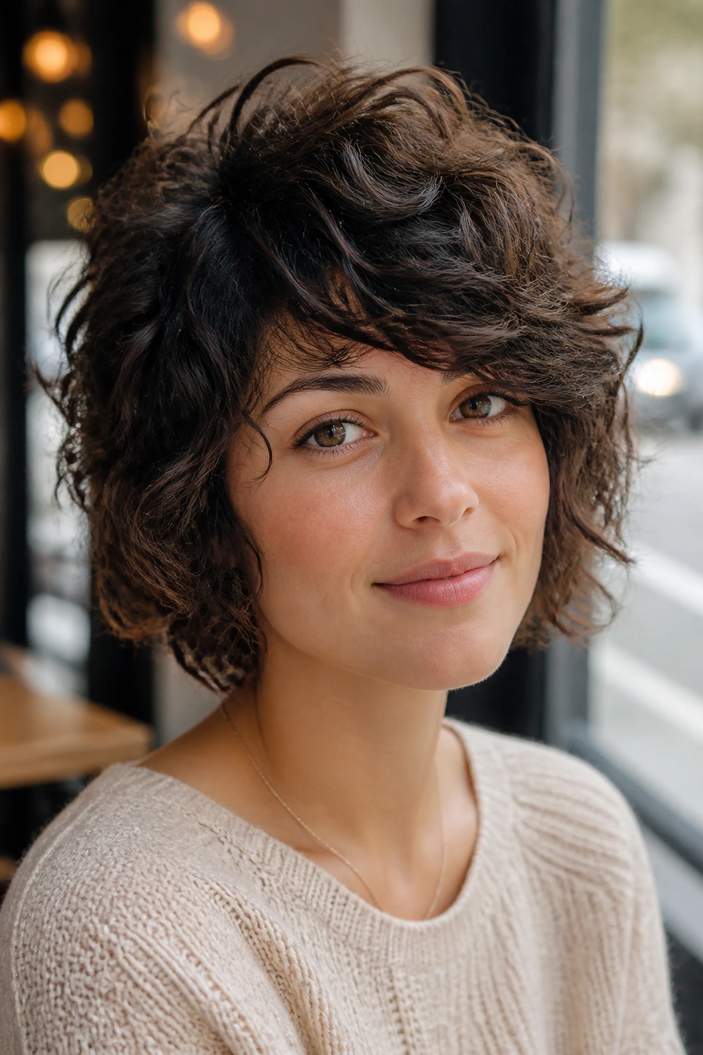 Close-up portrait of a real woman with a side-swept fringe shag in a cafe setting.