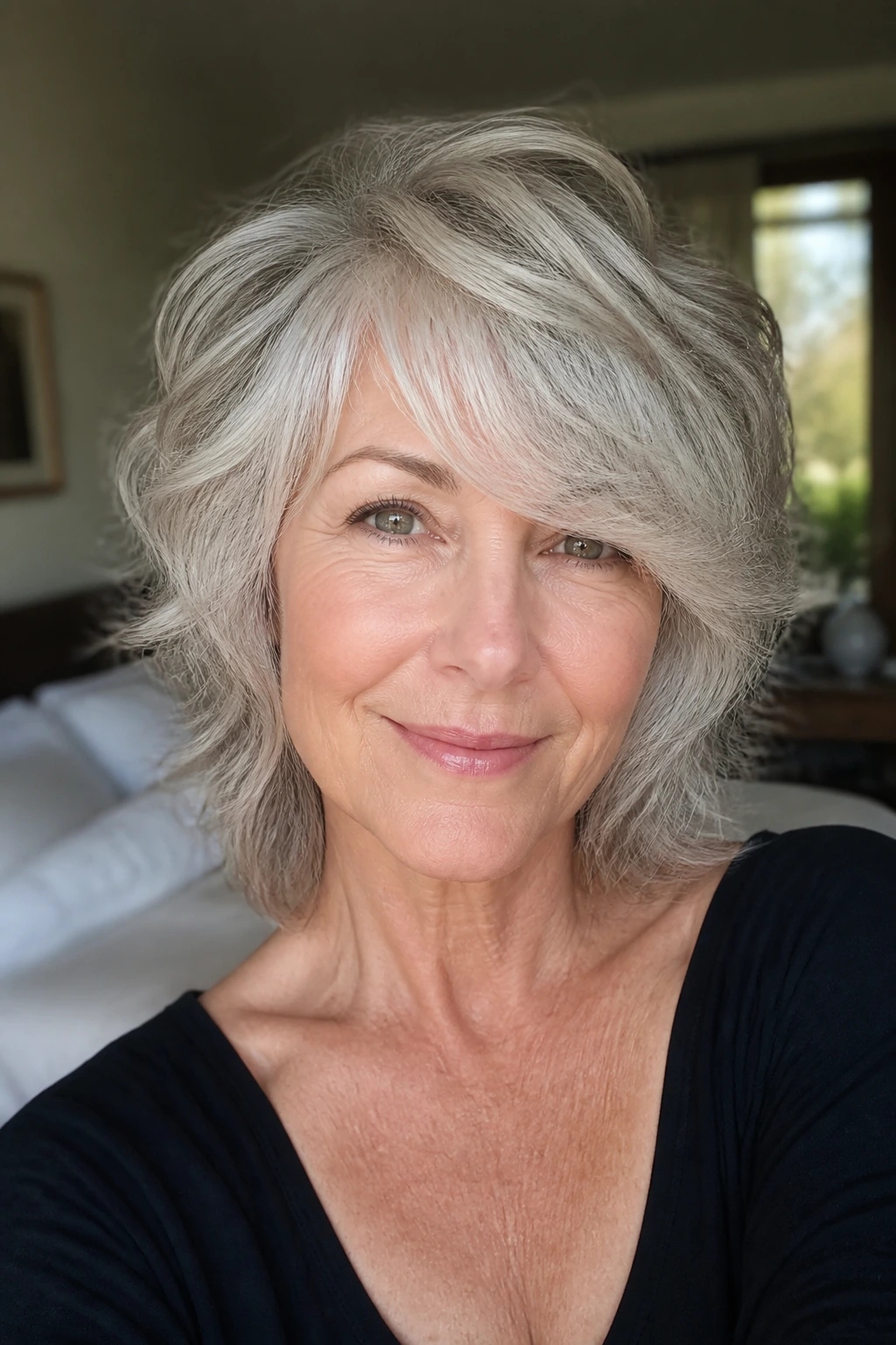 Close-up of a real woman with a side-swept fringe shag, soft waves and natural expression.