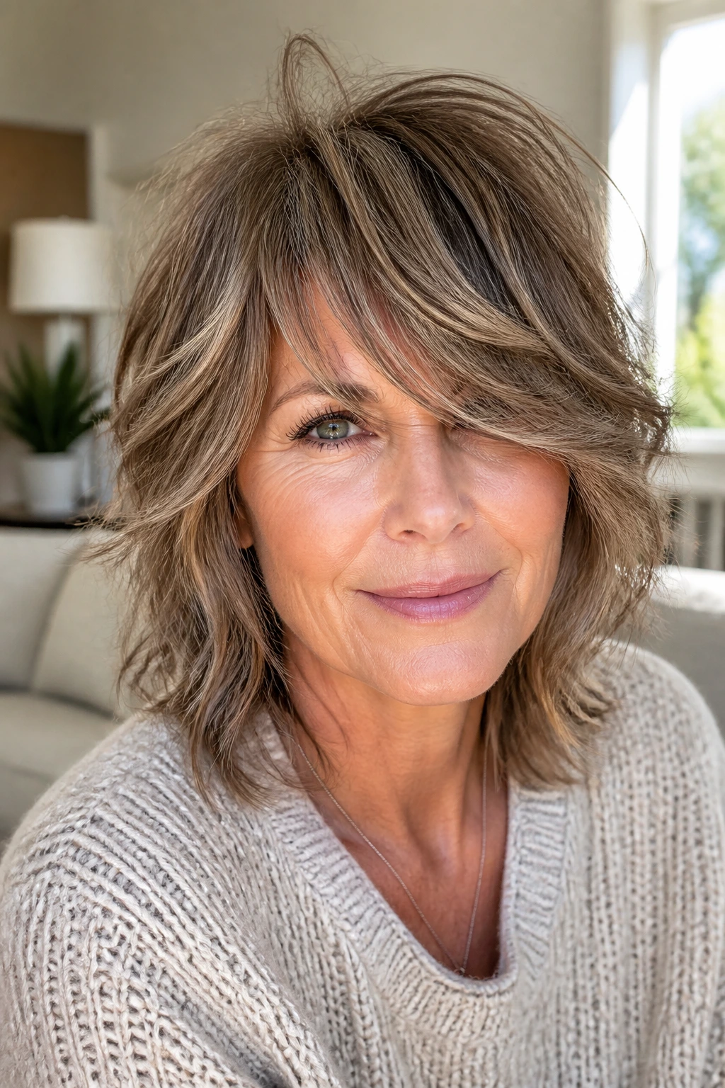 Close-up portrait of a real woman with side-swept fringe shag hairstyle in a sunlit living room
