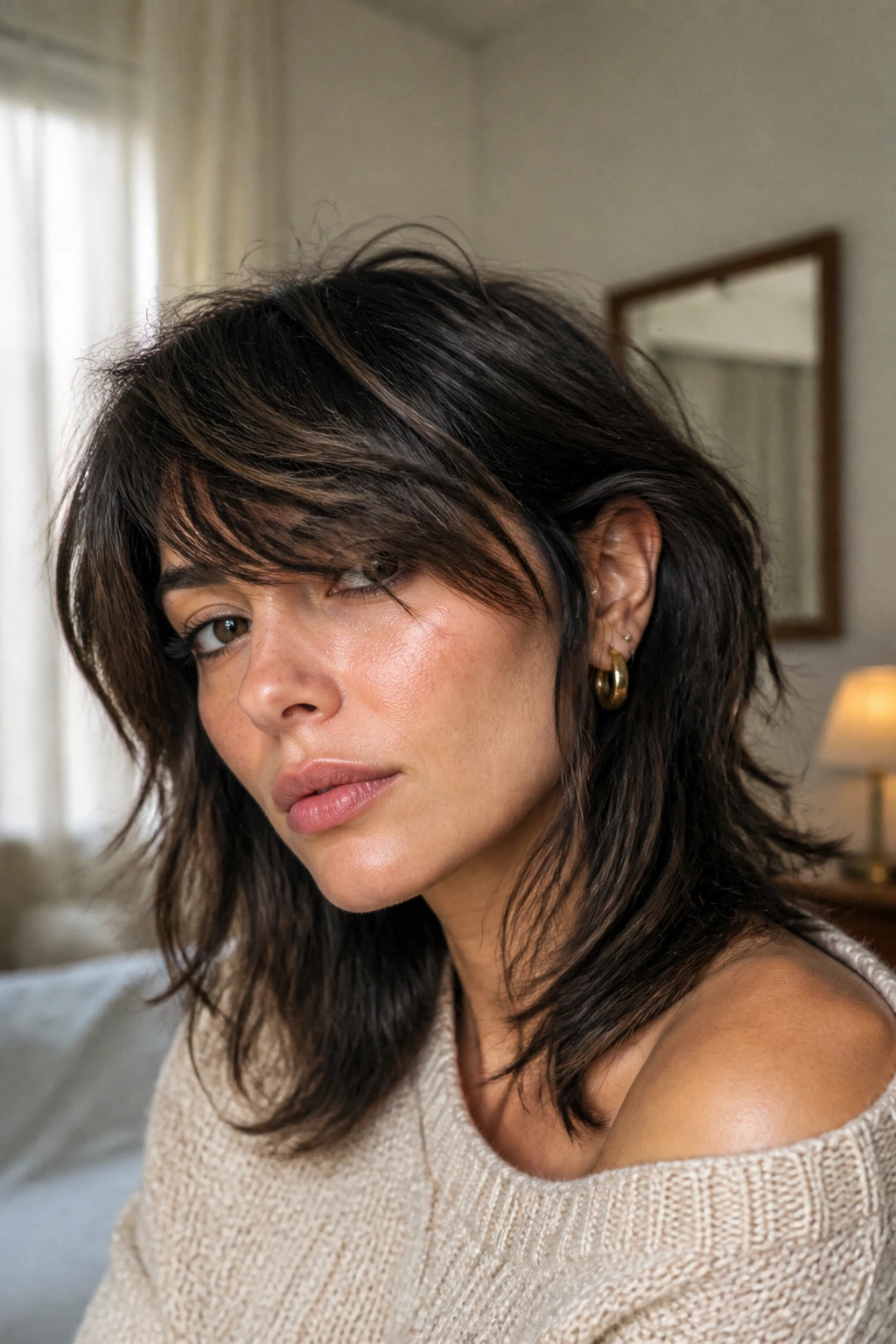 Close-up of a real woman with side-swept fringe shag in a cozy bedroom.