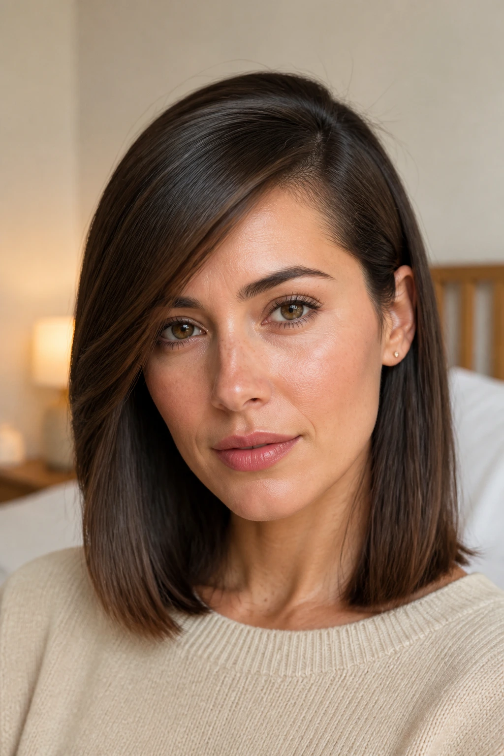 Close-up of a real woman wearing a side-swept front section hairstyle on shoulder-length straight hair.