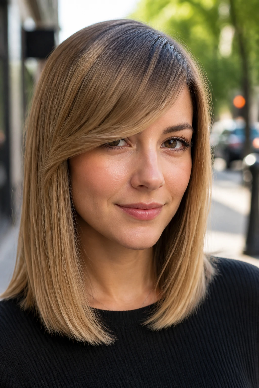 Close-up of a woman with a diagonal side-swept fringe blending into smooth straight hair