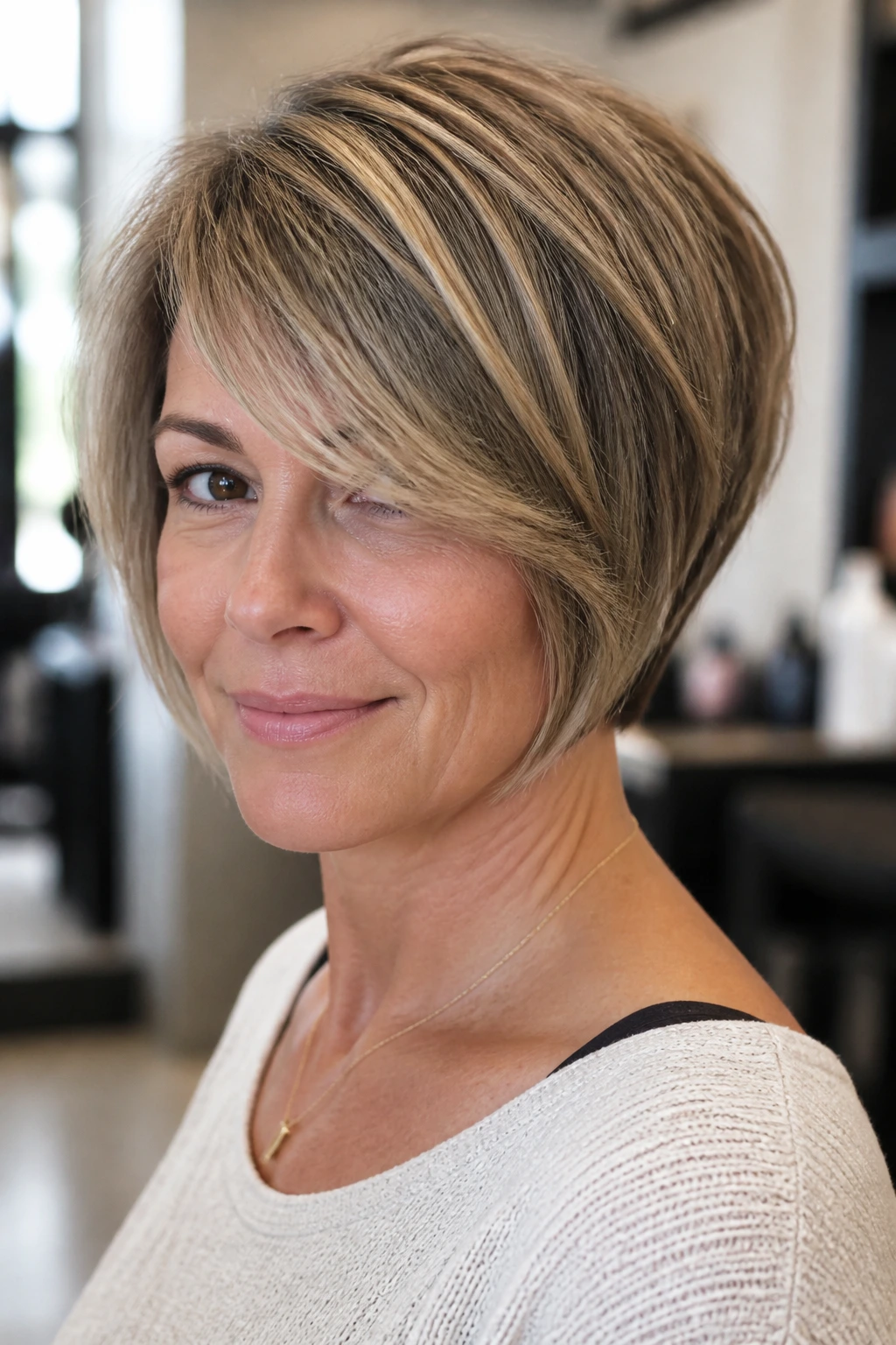 Real woman with side-swept fringe in stacked bob