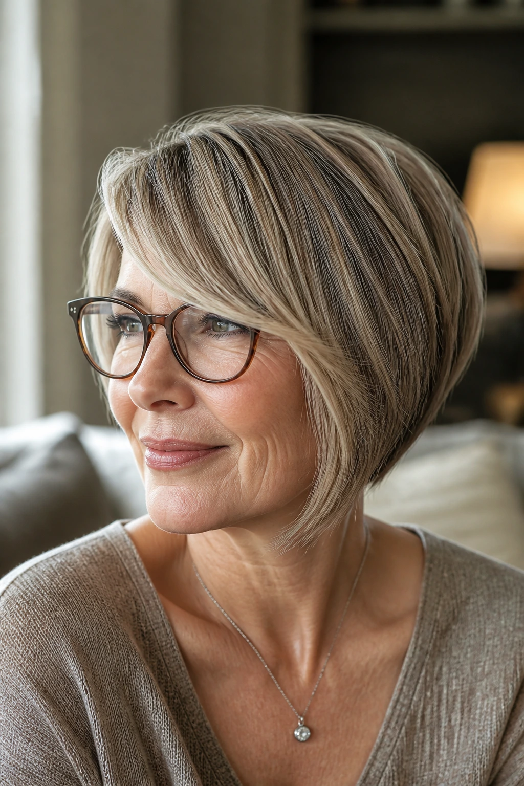 Close-up portrait of a real woman with a side-swept fringe stacked bob in warm window light
