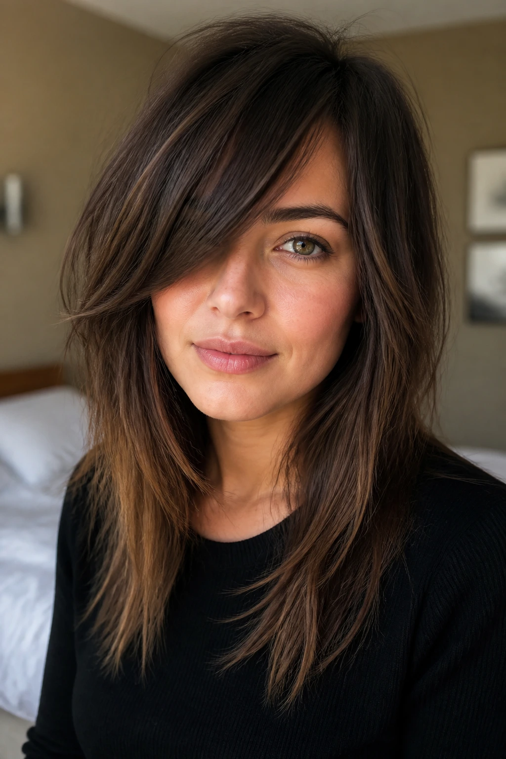 Close-up portrait of a real woman with a side-swept fringe and uneven ends in thick hair.