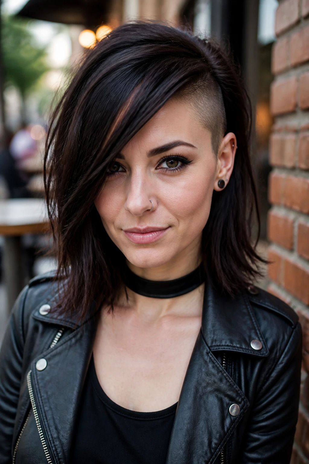 Portrait of a real person with side-swept fringe and shaved underlayer