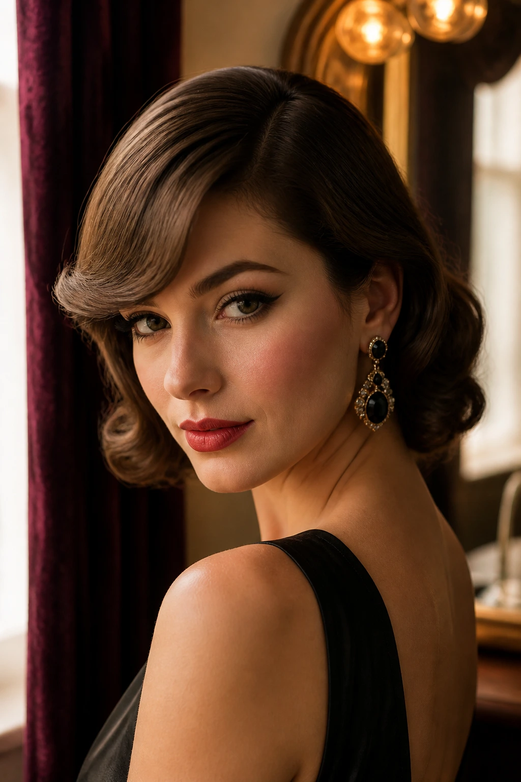 Close-up portrait of a real woman with a side-swept fringe in vintage glamour lighting