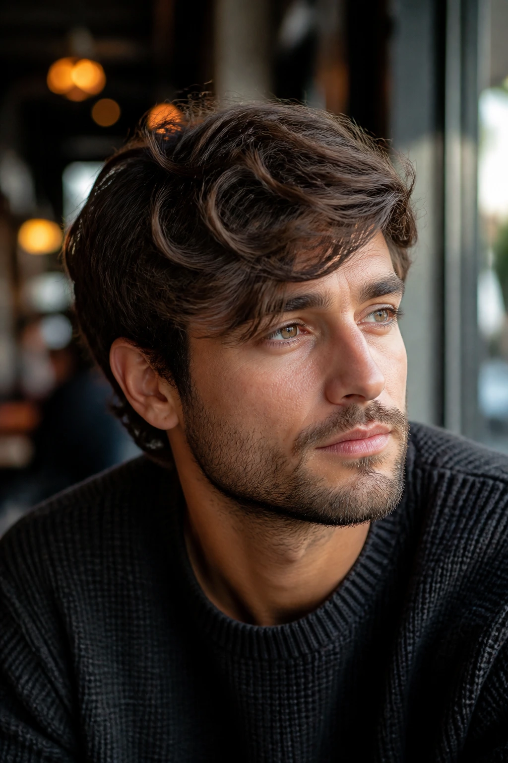 Close-up of a man with side-swept fringe and diagonal forehead sweep in window light.