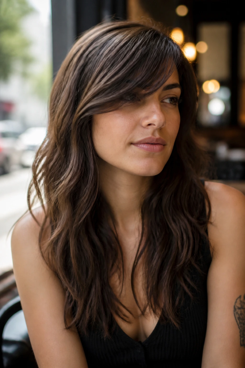 Portrait of a real woman with side-swept fringe and long wavy hair