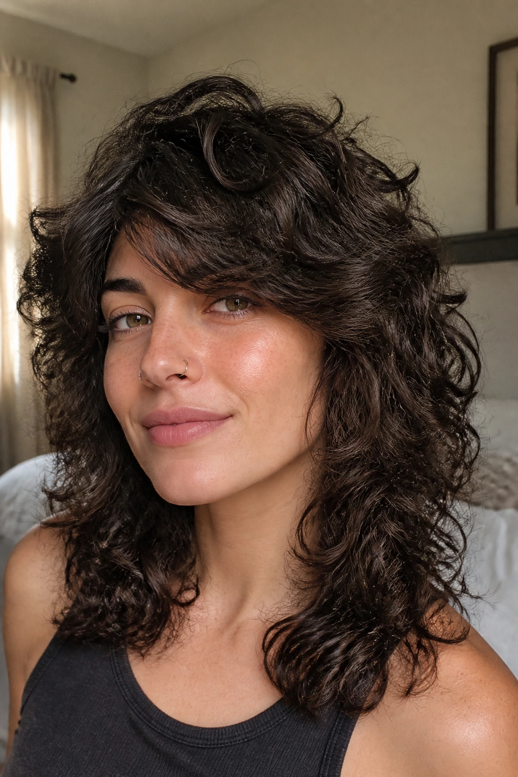 Close-up of a real person with a side-swept fringe in a curly wolf cut.