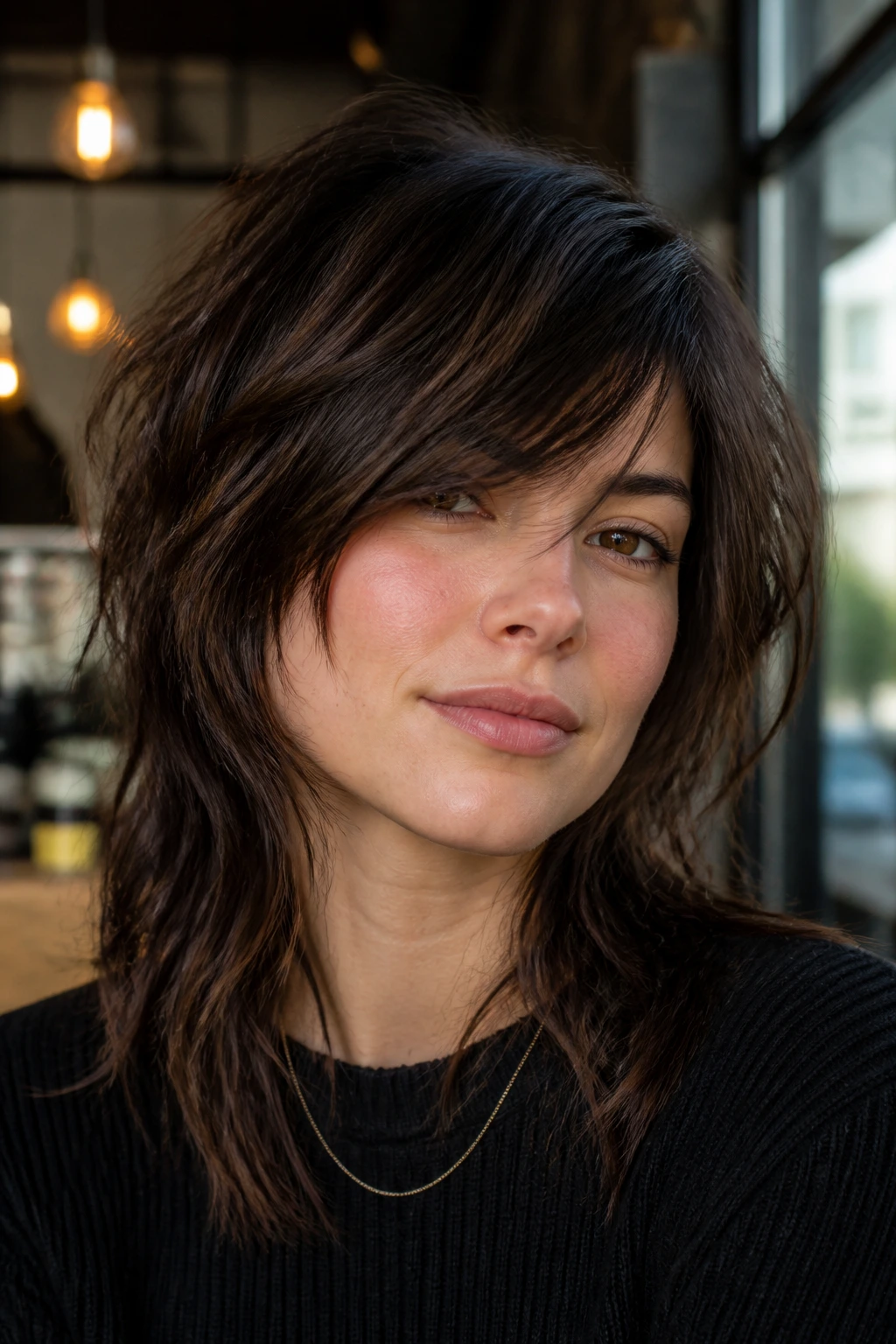 Close-up portrait of a real person wearing a Side-Swept Fringe Wolf Cut with diagonal fringe