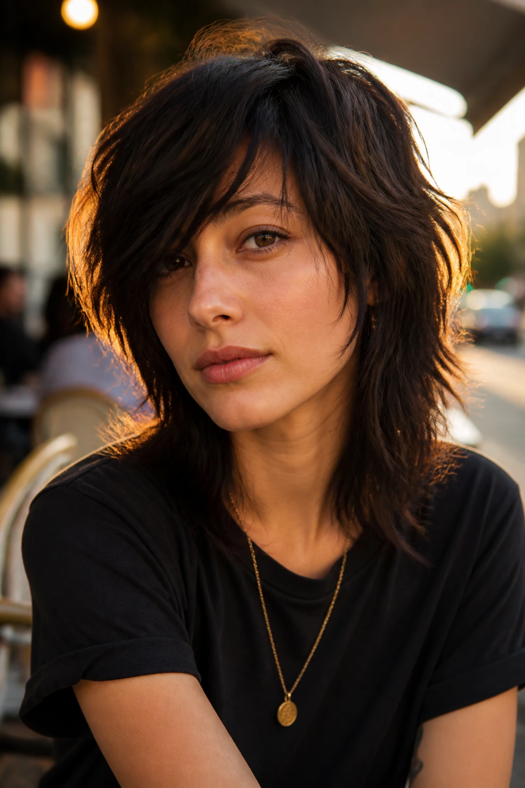 Close-up portrait of real person with side-swept fringe wolf cut in an urban cafe setting