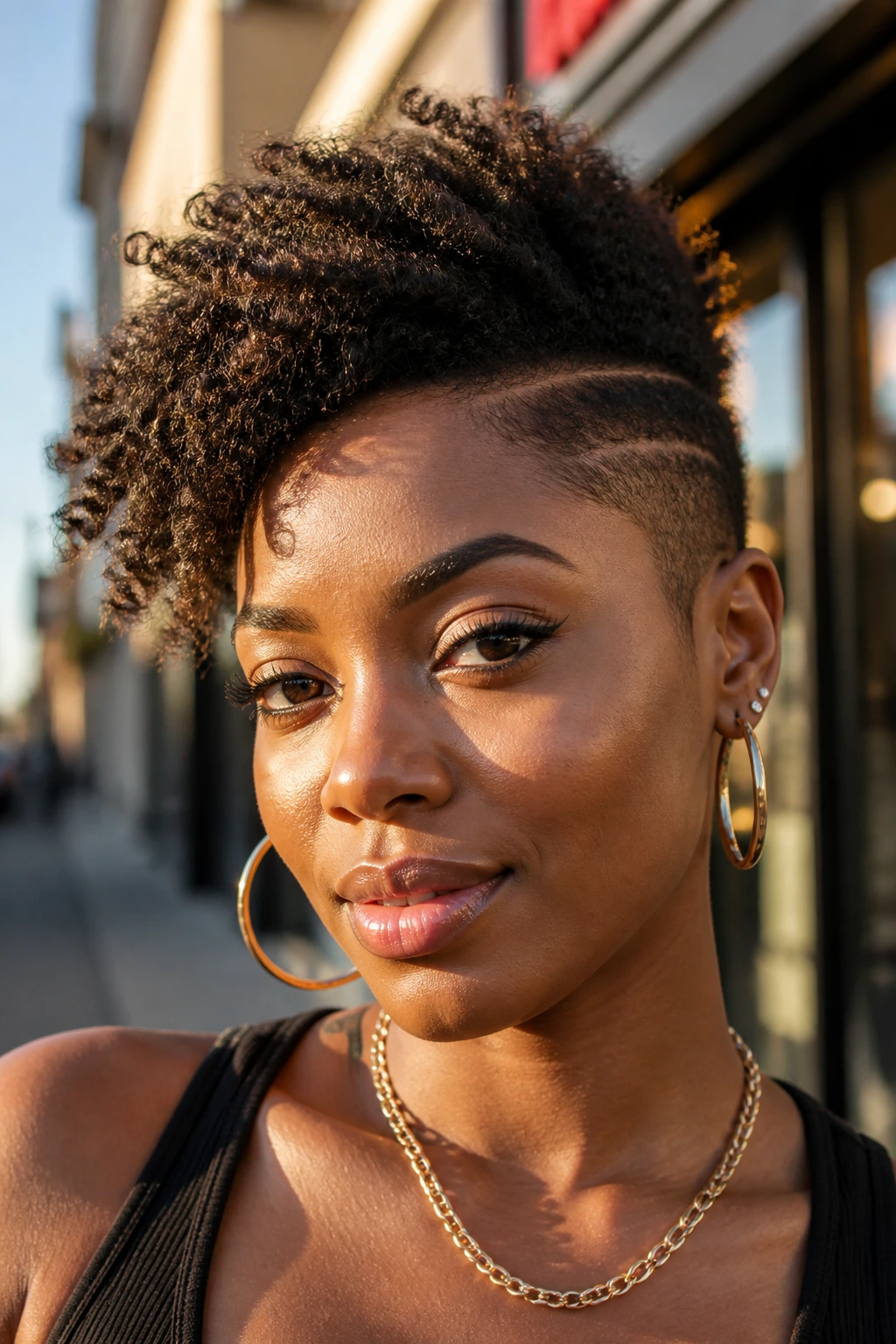 Close-up of a real Black woman with a side-swept frohawk, diagonal center line.