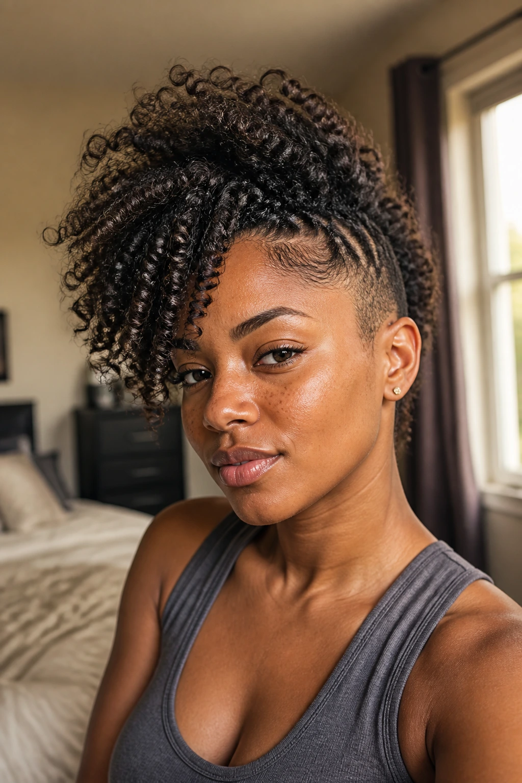 Close-up portrait of a real person with a side-swept frohawk under natural bedroom light